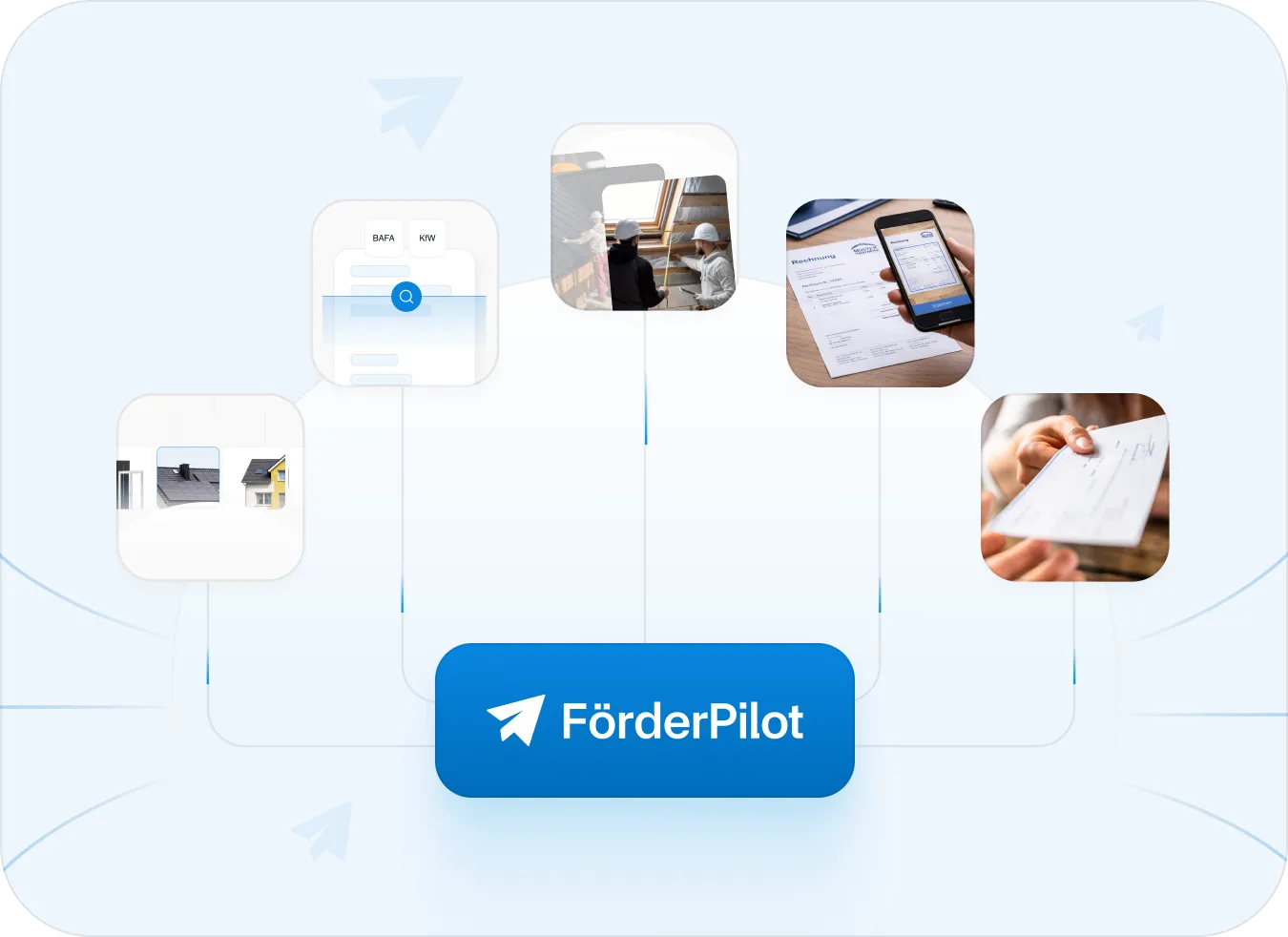 FörderPilot Logo mit Symbol eines Papierfliegers umgeben von kleinen Bildern, die Hausdächer, Bauarbeiter, eine Rechnung auf einem Smartphone und eine handgegebene Scheckzahlung zeigen.
