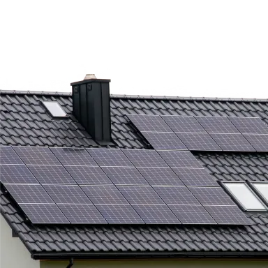 Dach mit grauen Ziegeln und darauf installierten Solarpaneelen, zwei Dachfenster und ein Schornstein sind ebenfalls sichtbar.