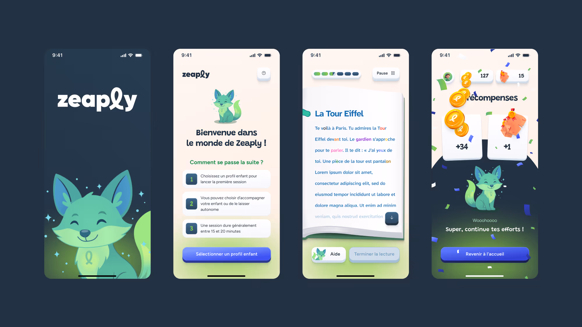 4 écrans d'illustrations du projet Zeaply