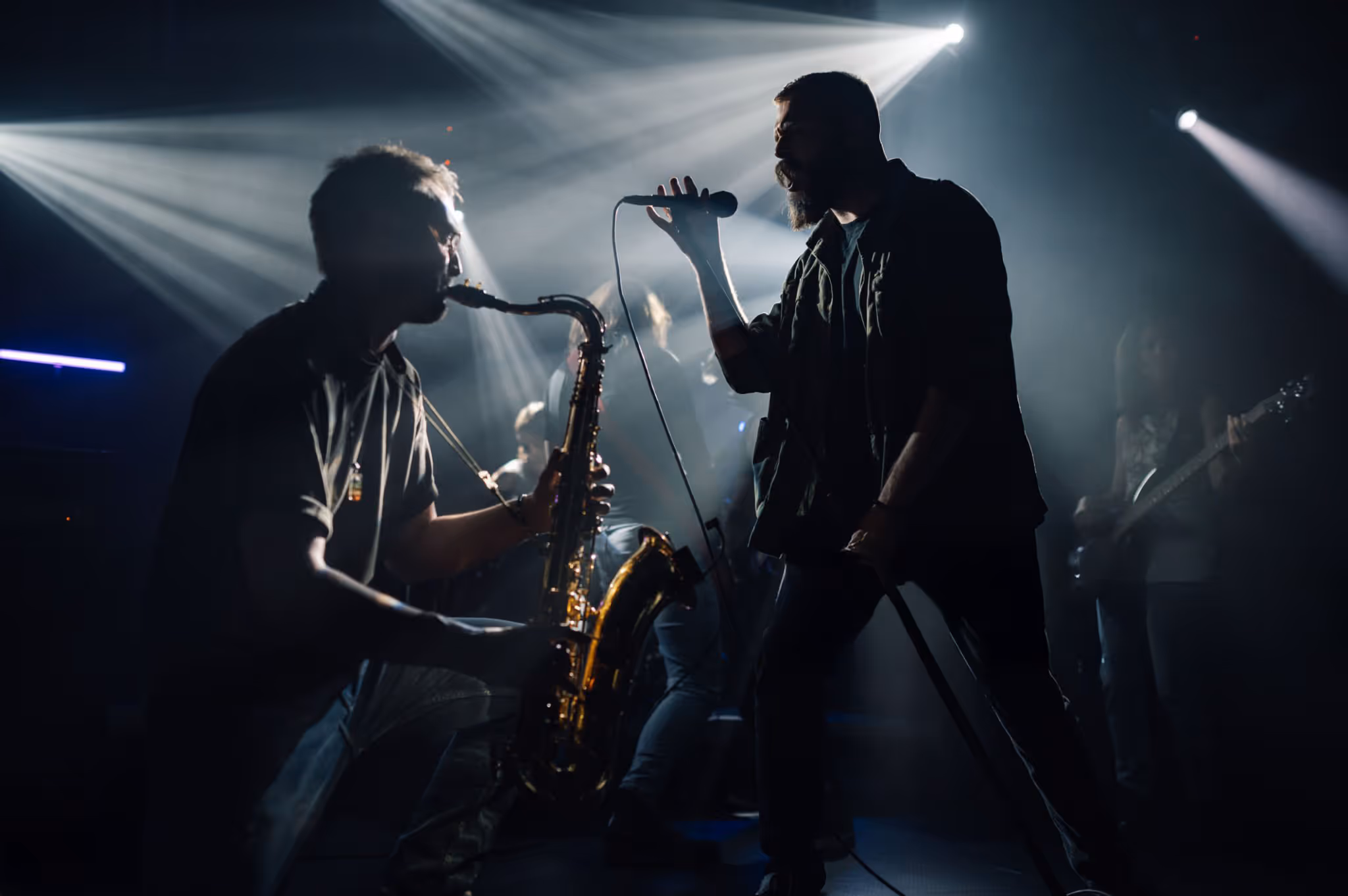 Silhouetted band members performing on stage with bright spotlights, featuring a saxophonist and a singer with a microphone.