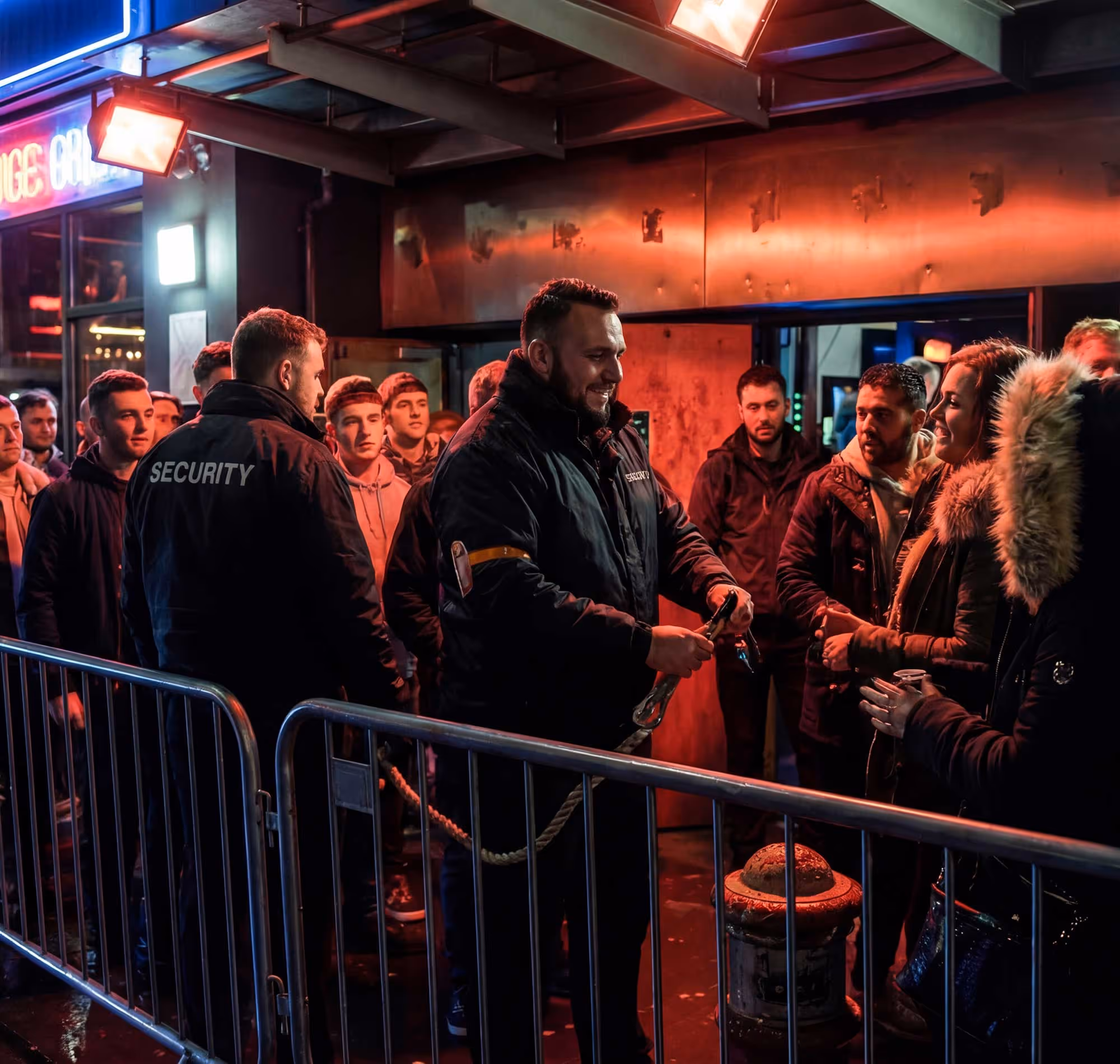 Bouncers managing a crowd of people lined up outside a nightclub at night.