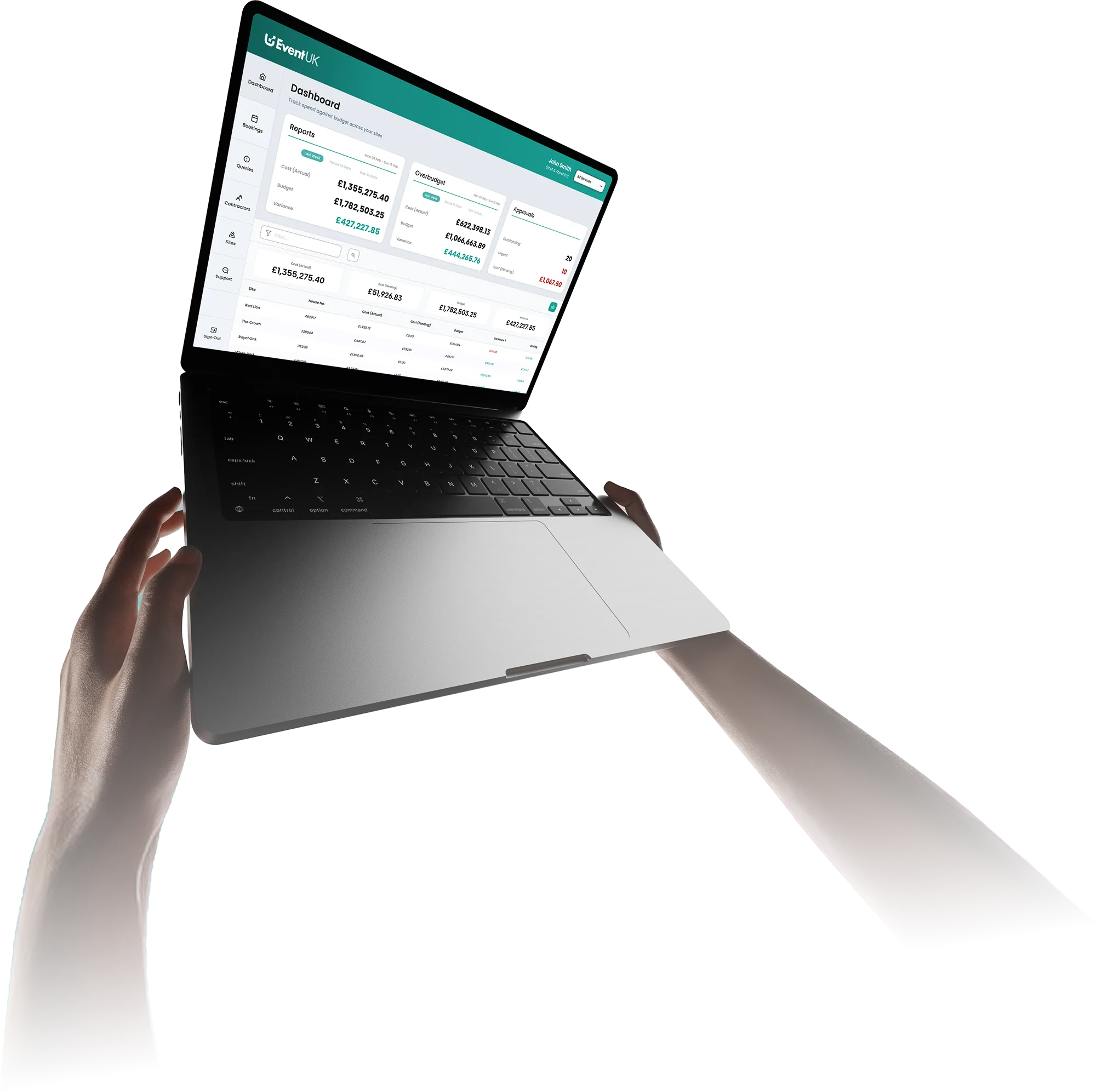Person holding an open laptop displaying a financial dashboard with budget and cost reports for EventUK.