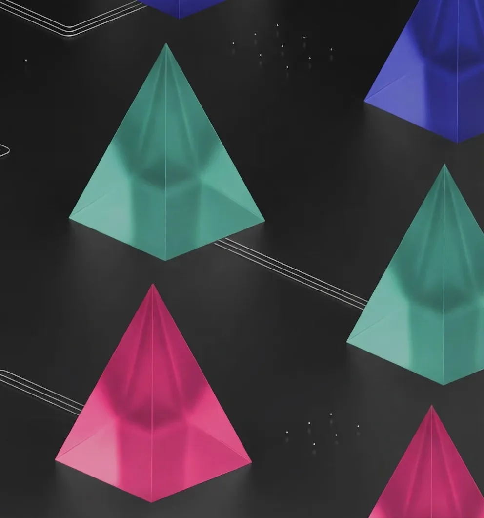 Colorful 3D pyramids in pink, teal, and blue on a dark surface connected by thin white lines.