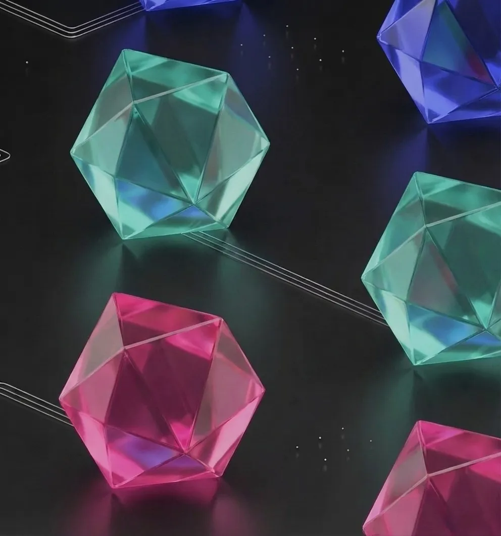 Transparent geometric polyhedrons in pink, green, and blue on a dark surface connected by thin white lines.