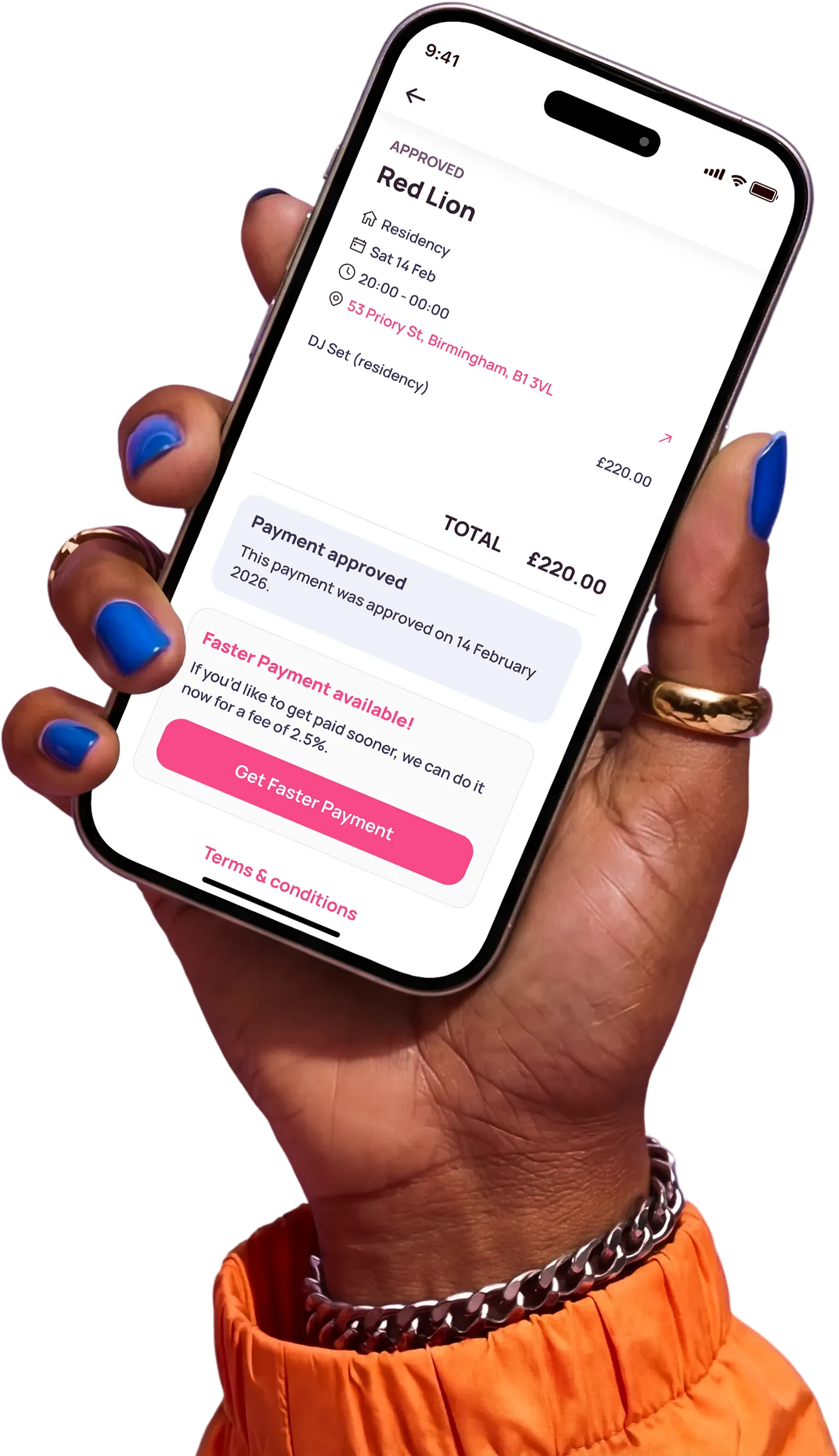 Hand holding smartphone displaying payment approval for Red Lion residency event on 14 February at 20:00, total £220, with option for faster payment for 2.5% fee.