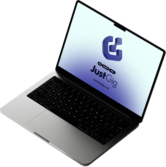 Open laptop displaying the JustGig logo and website with text 'Pay, Recruit, Grow' on the screen.