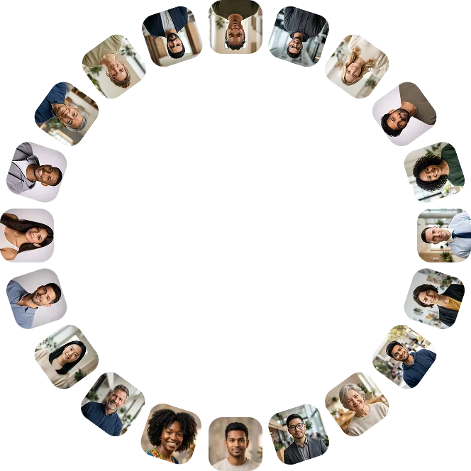Circular arrangement of diverse individual headshots with a transparent center.