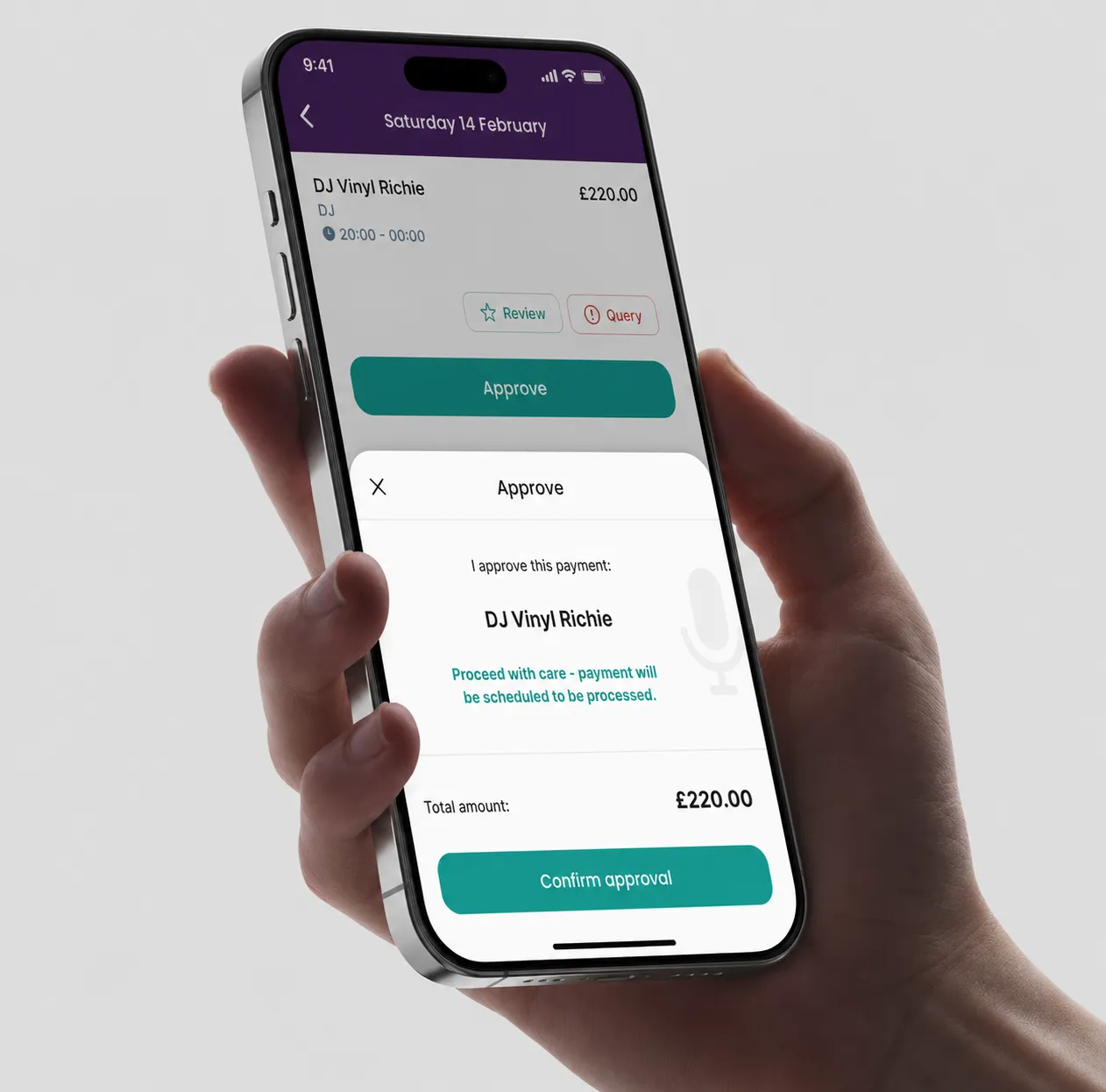 Hand holding smartphone displaying payment approval screen for DJ Vinyl Richie with amount £220.00 and options to review, query, or confirm approval.