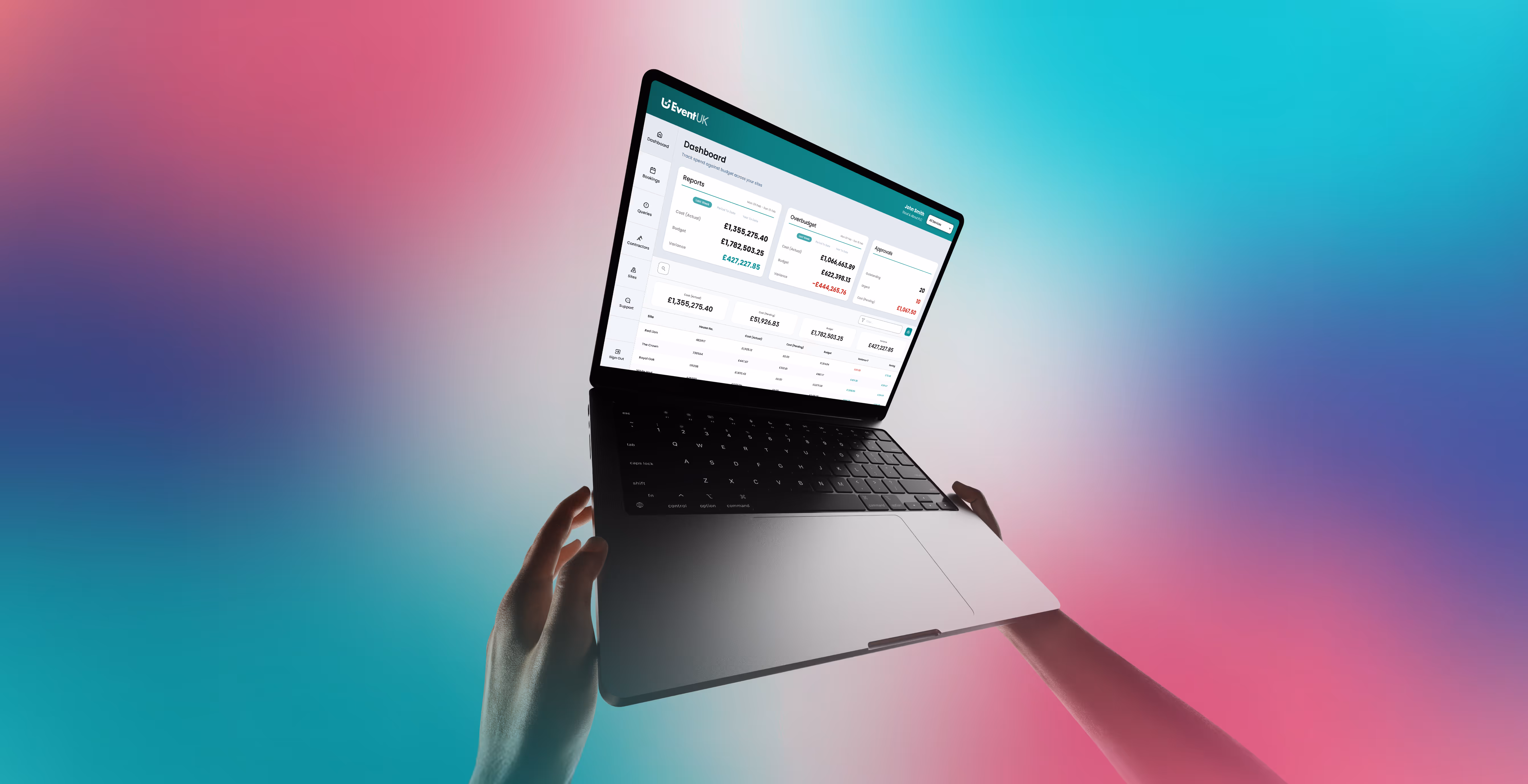 Hands holding an open laptop displaying a financial dashboard with reports and metrics on a colorful gradient background.