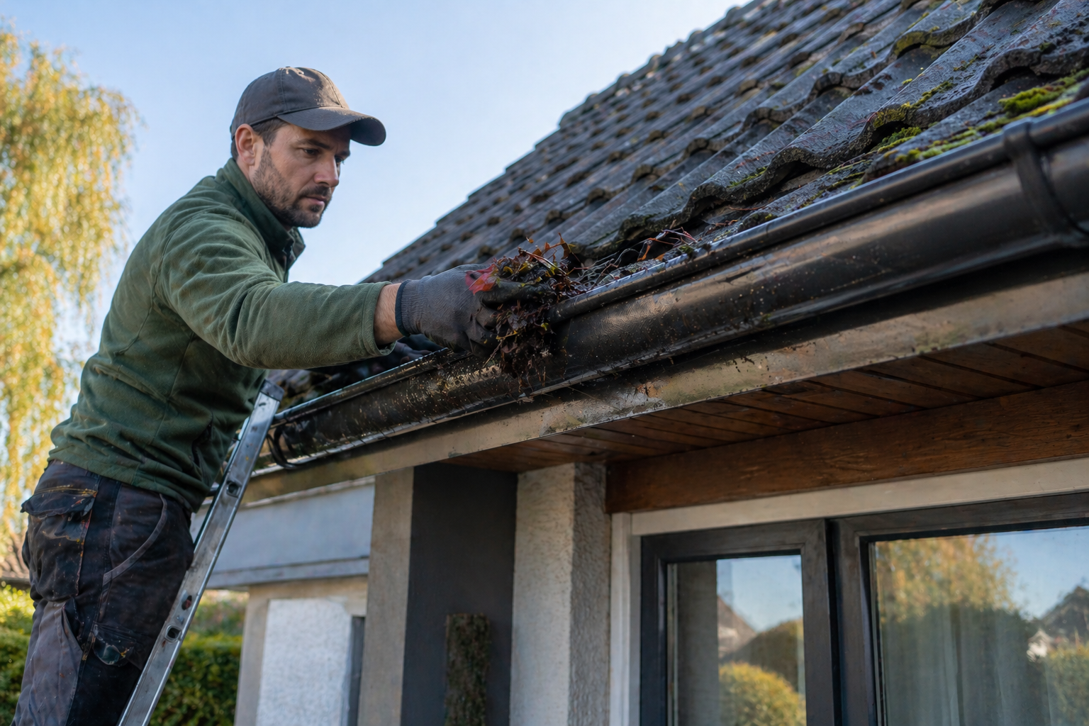 Nettoyage de gouttières avec retrait de feuilles et débris pour éviter les bouchons et infiltrations