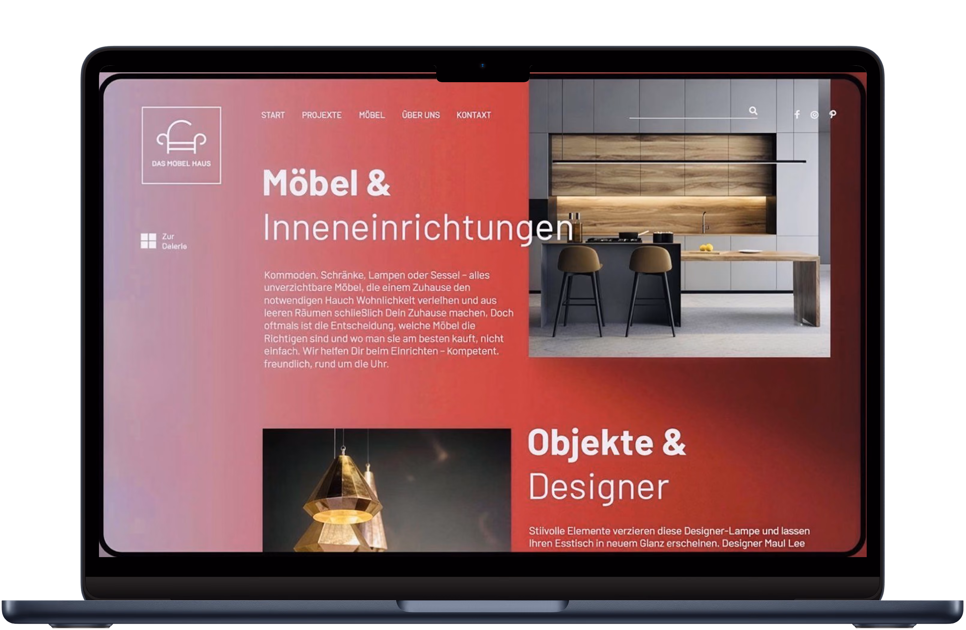 Website homepage with modern kitchen photo and text about Möbel & Inneneinrichtungen and designer objects.