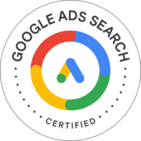 Google Ads Search Certified badge with multicolored circular design in red, blue, yellow, and green.