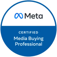 Meta Certified Media Buying Professional badge with Meta logo on top and certification title below.