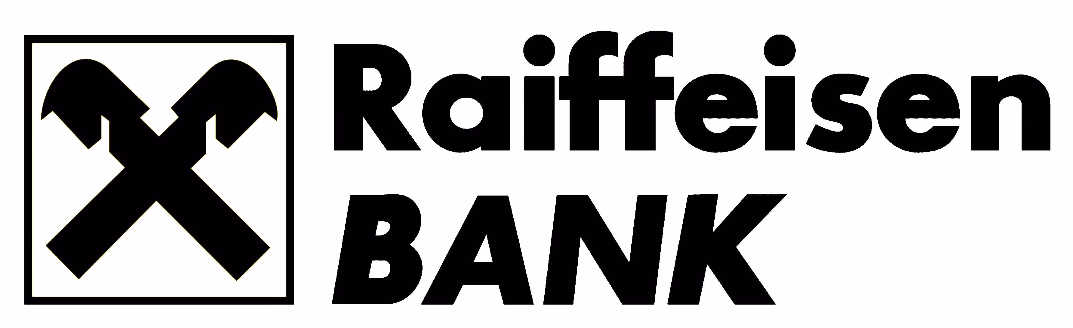 Raiffeisen Bank logo with two crossed black hammers inside a square to the left of bold text.