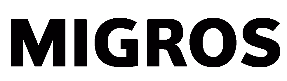 Migros brand name in bold red lowercase letters mirrored on a black background.