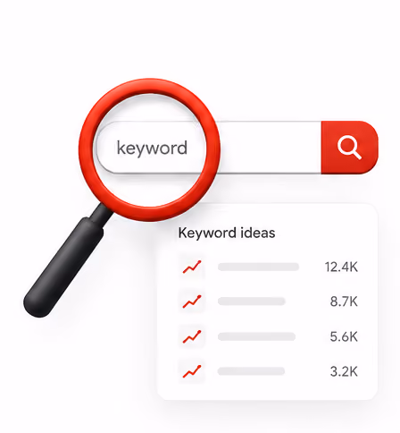 Magnifying glass over search bar with word 'keyword' and a pop-up showing trending keyword ideas with search volumes.