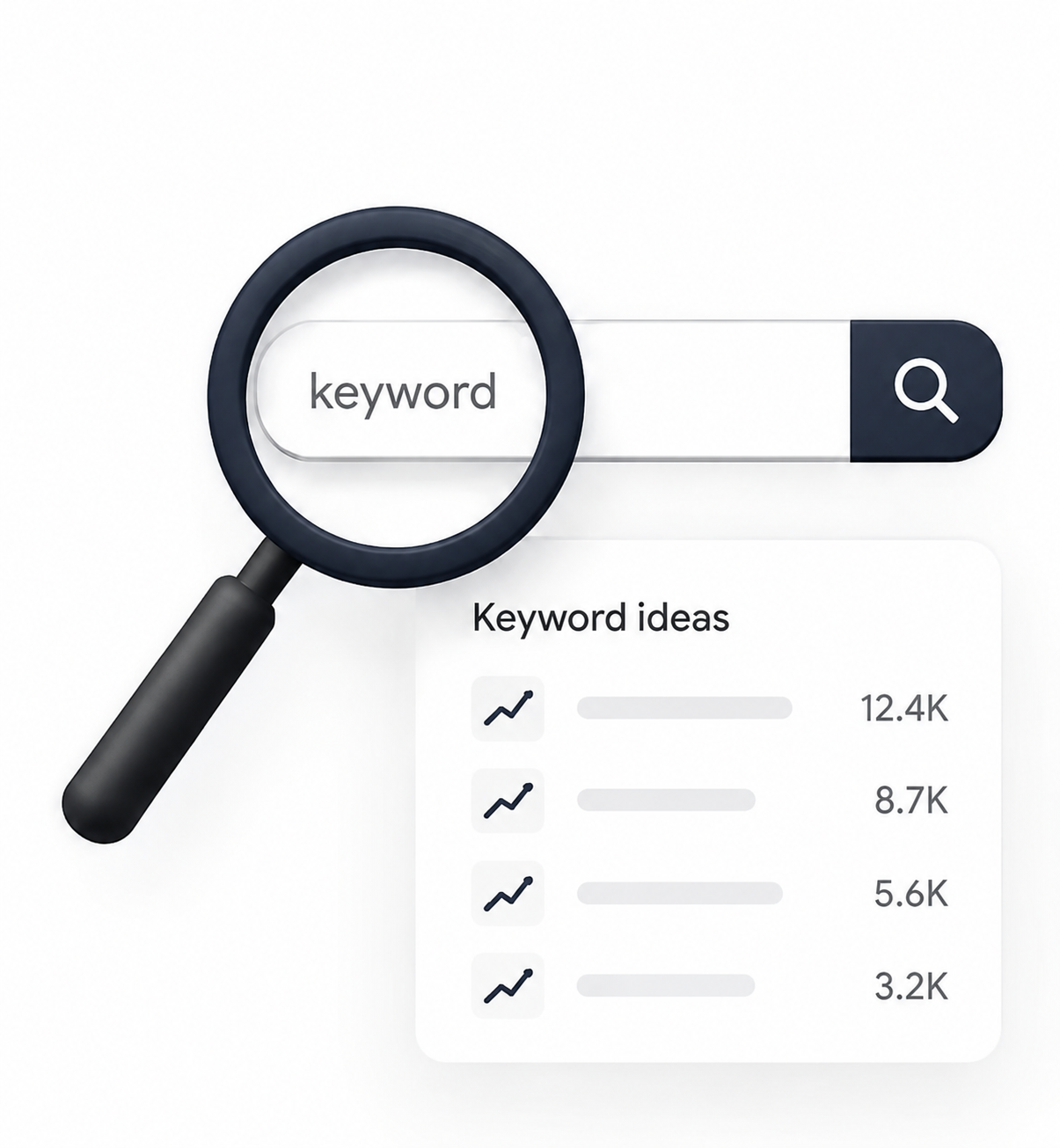 Magnifying glass over search bar with word 'keyword' and a pop-up showing trending keyword ideas with search volumes.