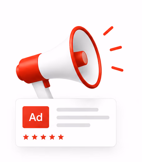 Red and white megaphone above an online ad box with five-star rating.