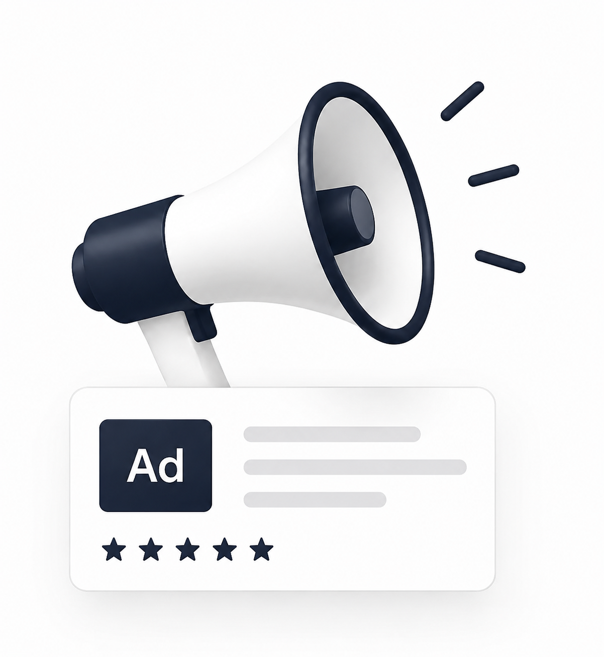Red and white megaphone above an online ad box with five-star rating.