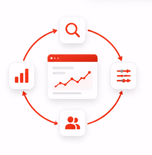 Circular flow diagram with icons for search, settings, users, and bar chart around a graph window.
