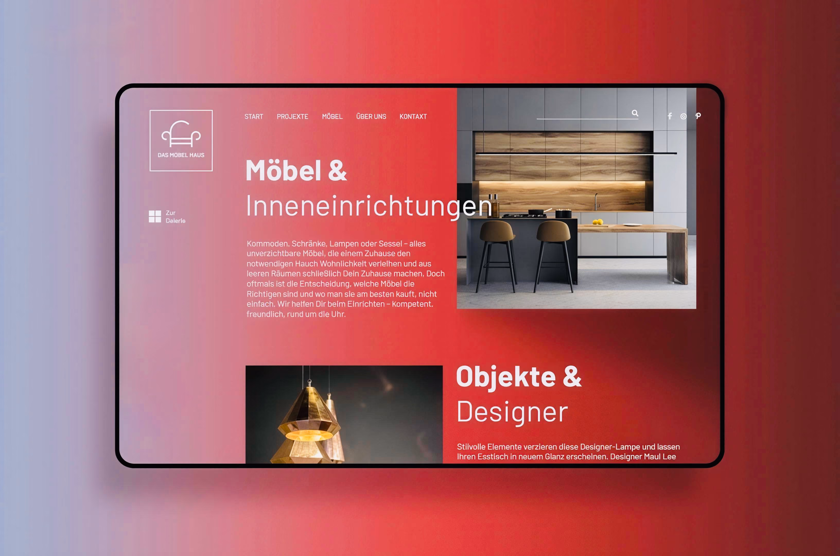 Website homepage featuring modern kitchen furniture with bar stools and designer lighting elements on a red gradient background.