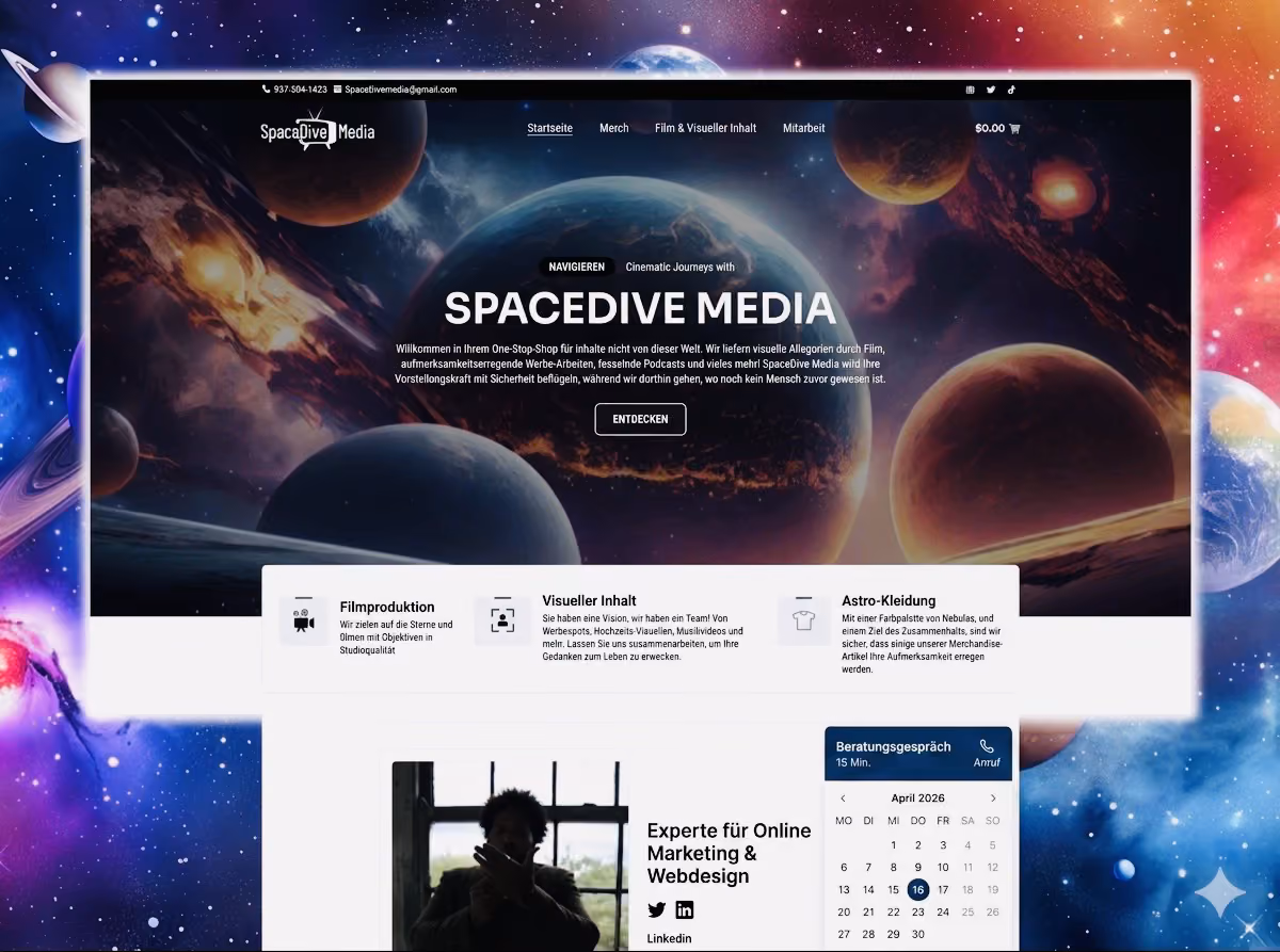 Website homepage of SpaceDive Media with cosmic background showing planets and navigation menu in German.