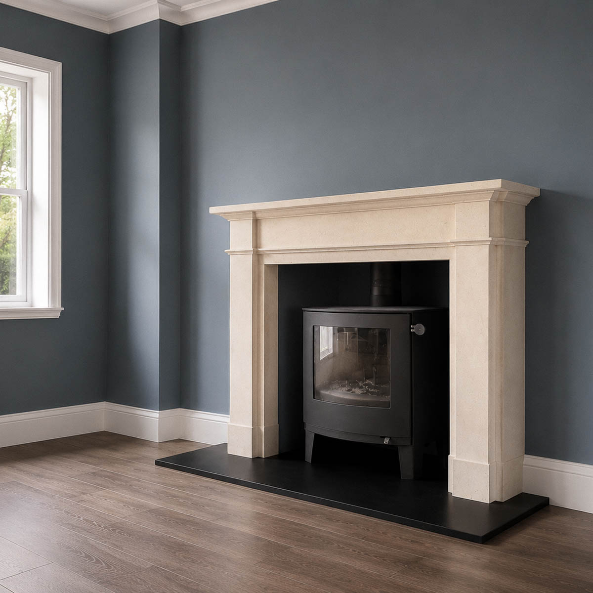 Bespoke natural stone fireplace custom designed and handcrafted by Coulon Stone