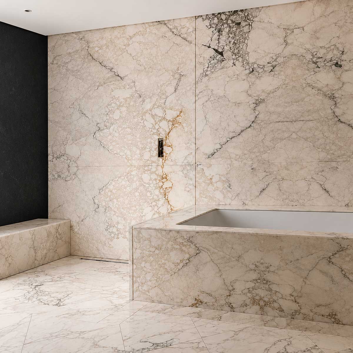 Handcrafted natural stone bathroom designed, fabricated and installed by Coulon Stone