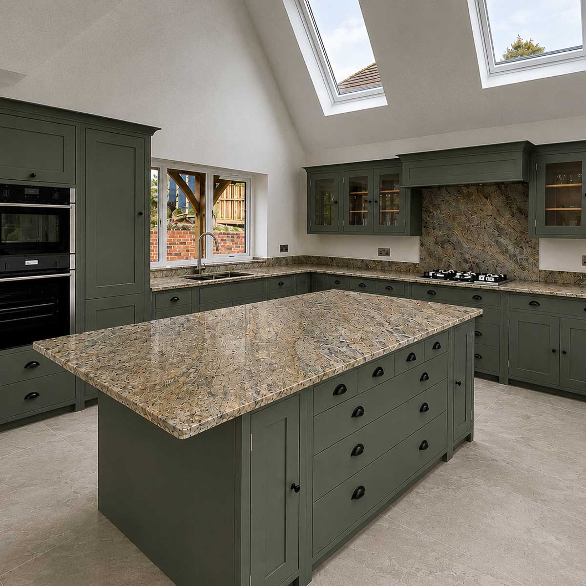 Handcrafted natural stone kitchen worktop designed and installed by Coulon Stone