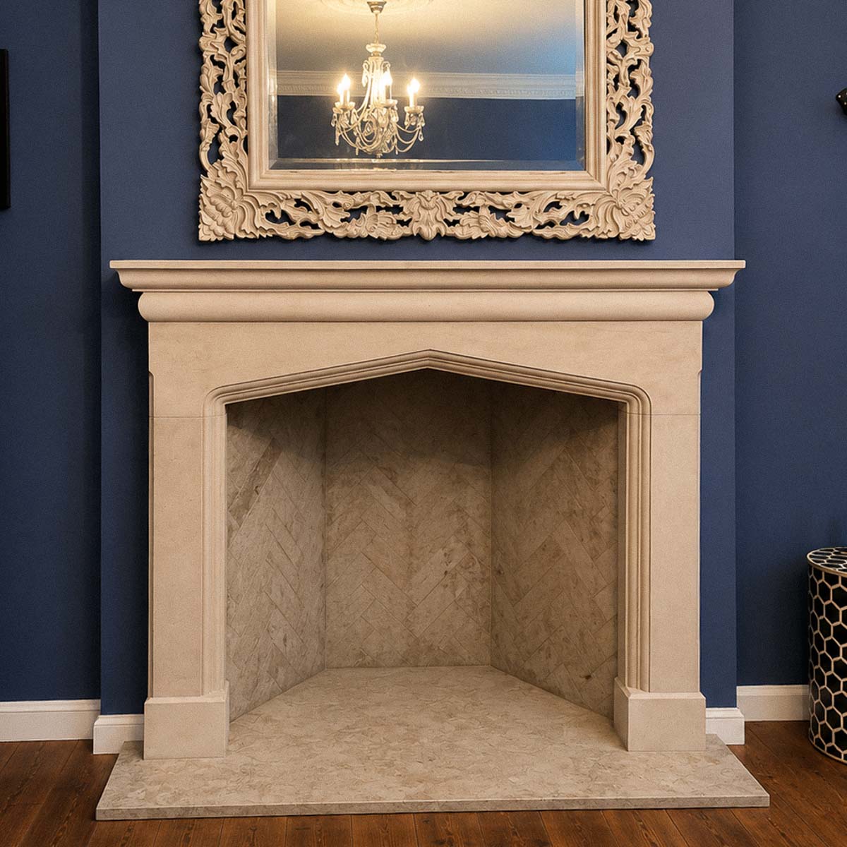 Bespoke natural stone fireplace custom designed and handcrafted by Coulon Stone