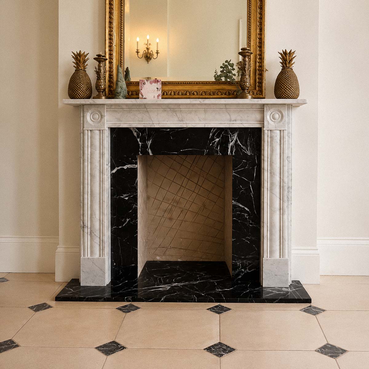 Bespoke natural stone fireplace custom designed and handcrafted by Coulon Stone