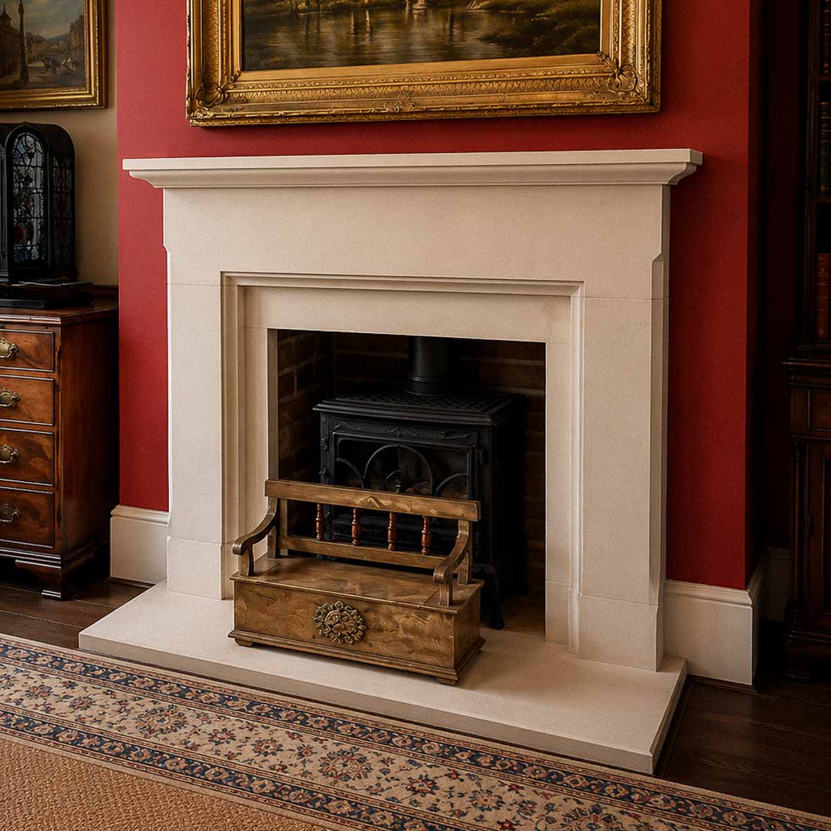Bespoke natural stone fireplace custom designed and handcrafted by Coulon Stone