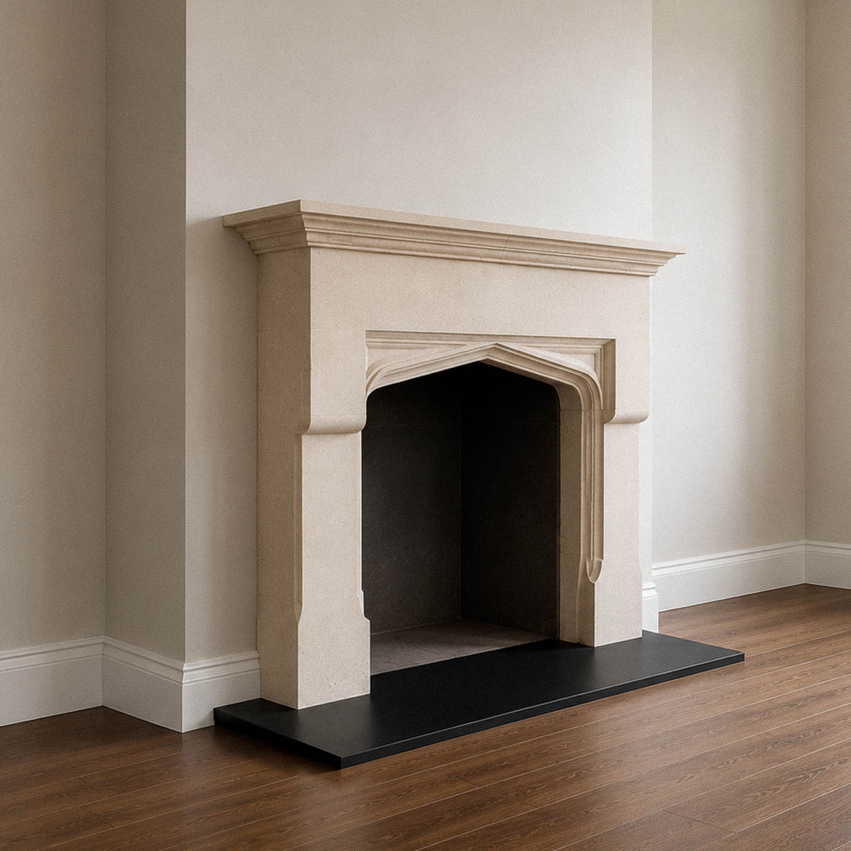 Bespoke natural stone fireplace custom designed and handcrafted by Coulon Stone