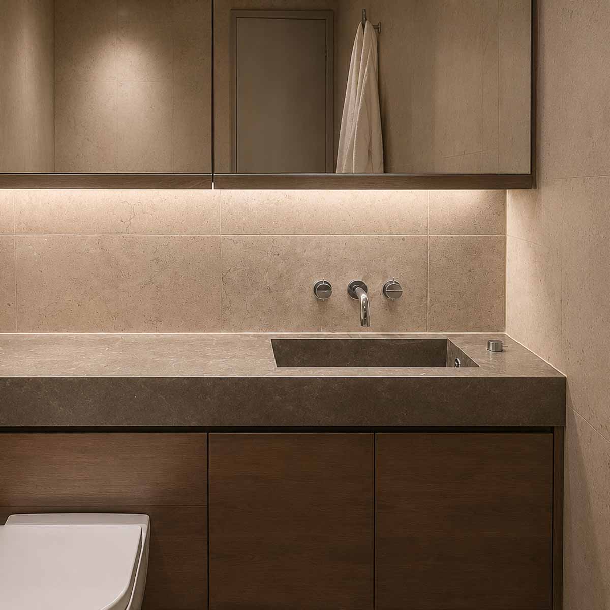 Handcrafted natural stone bathroom designed, fabricated and installed by Coulon Stone