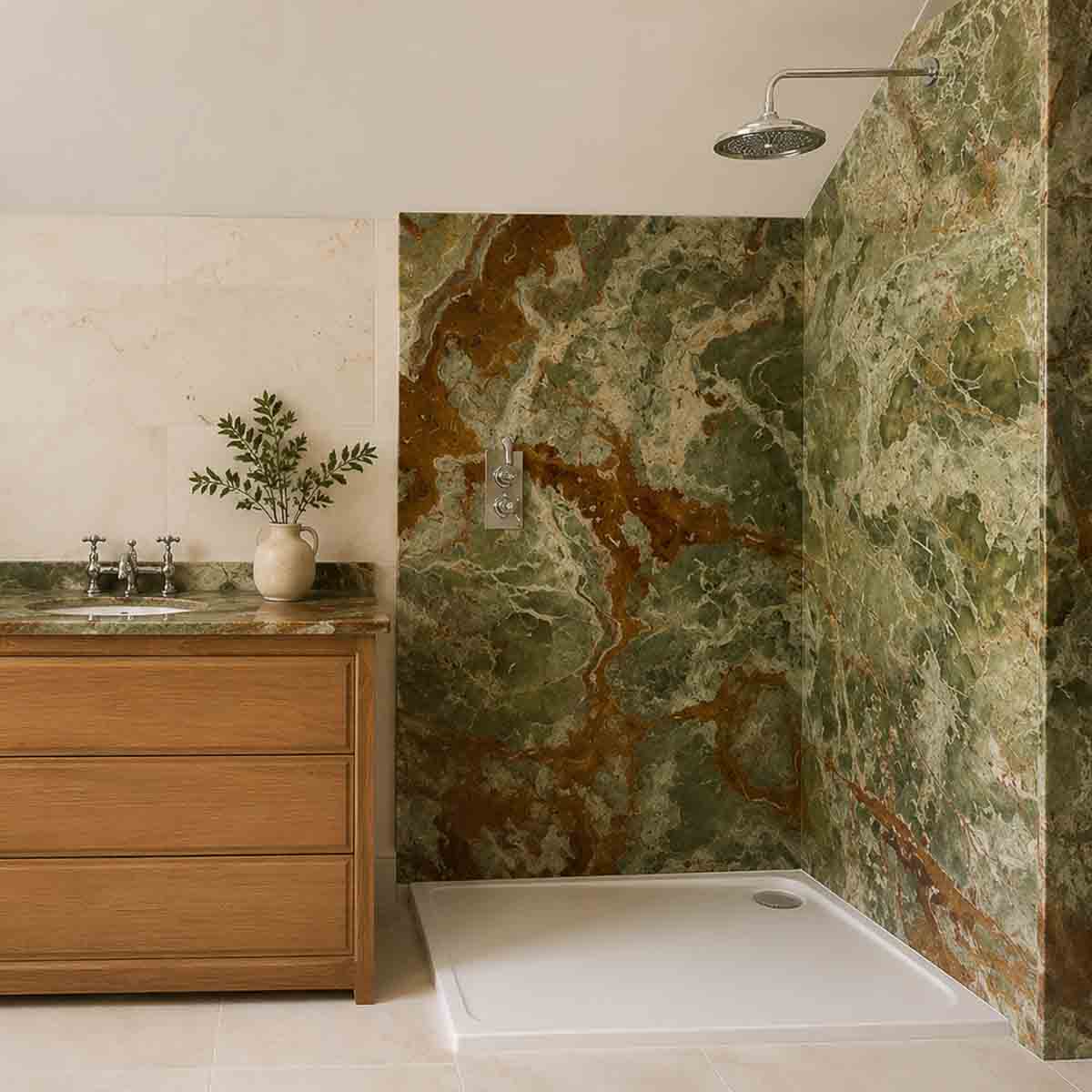 Handcrafted natural stone bathroom designed, fabricated and installed by Coulon Stone