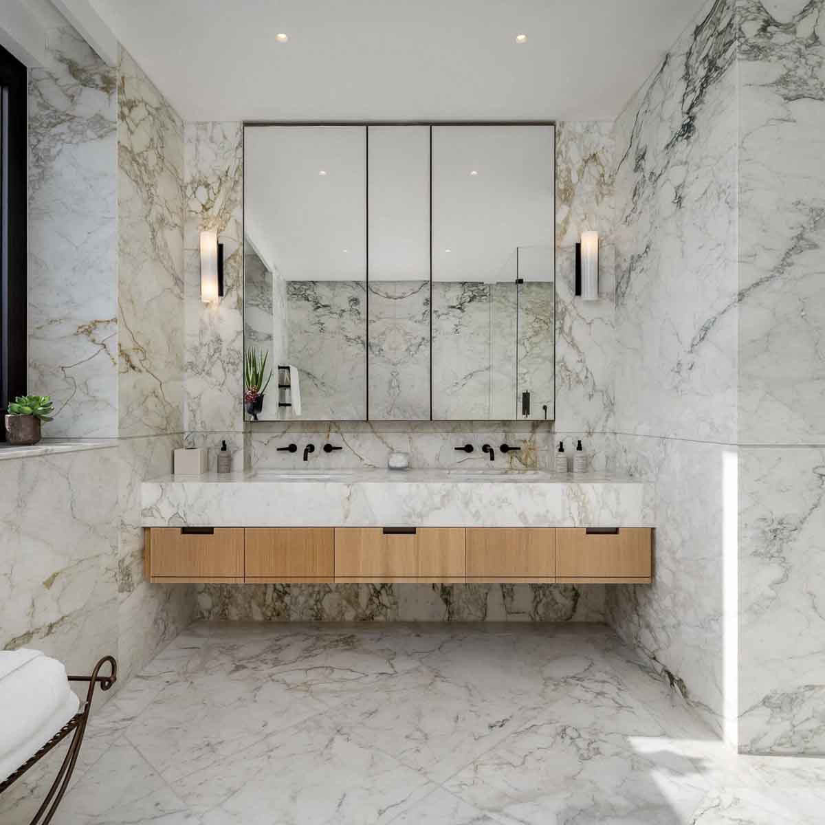 Marble bathroom with integrated vanity and floor-to-ceiling stone wall cladding