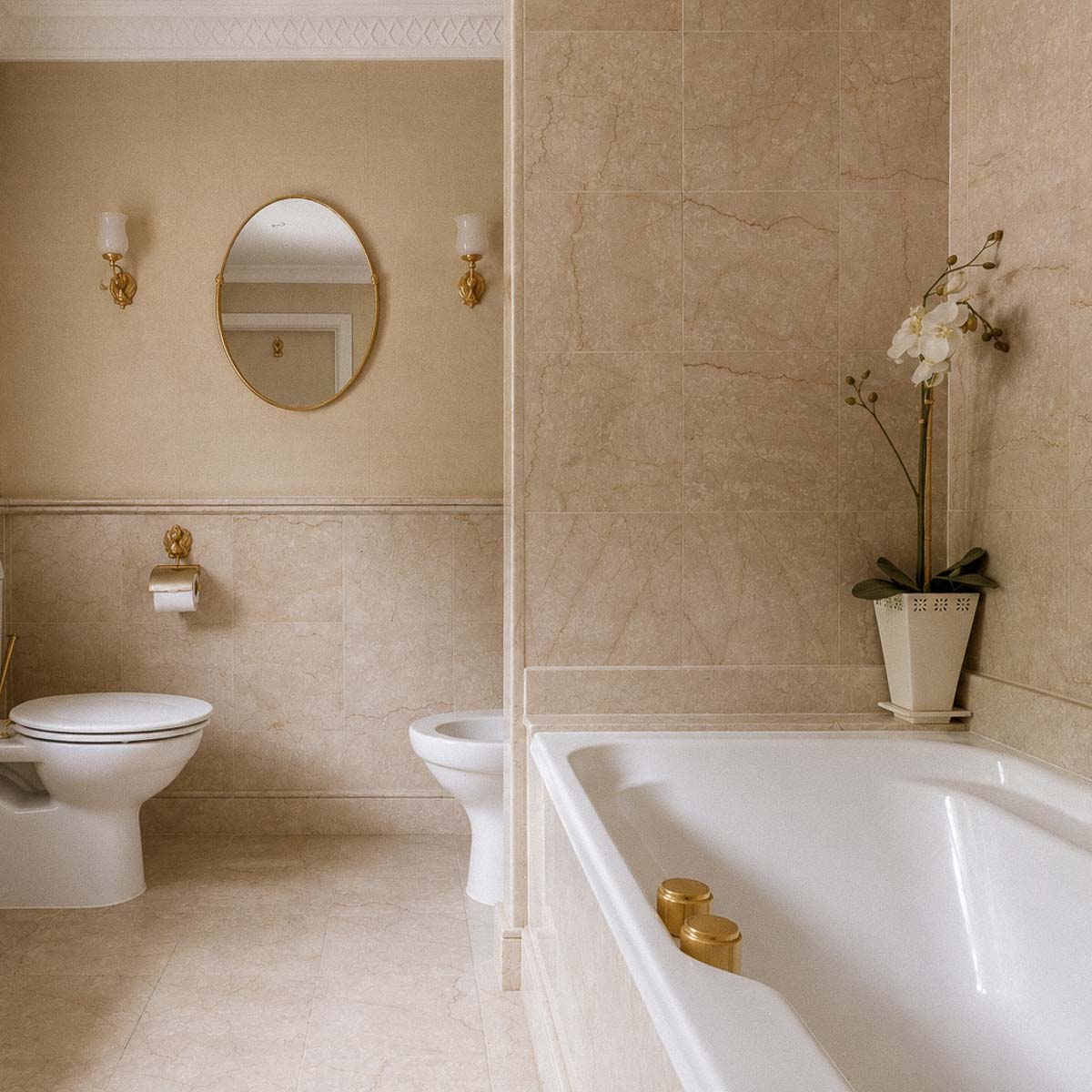 Marble bathroom with integrated vanity and floor-to-ceiling stone wall cladding