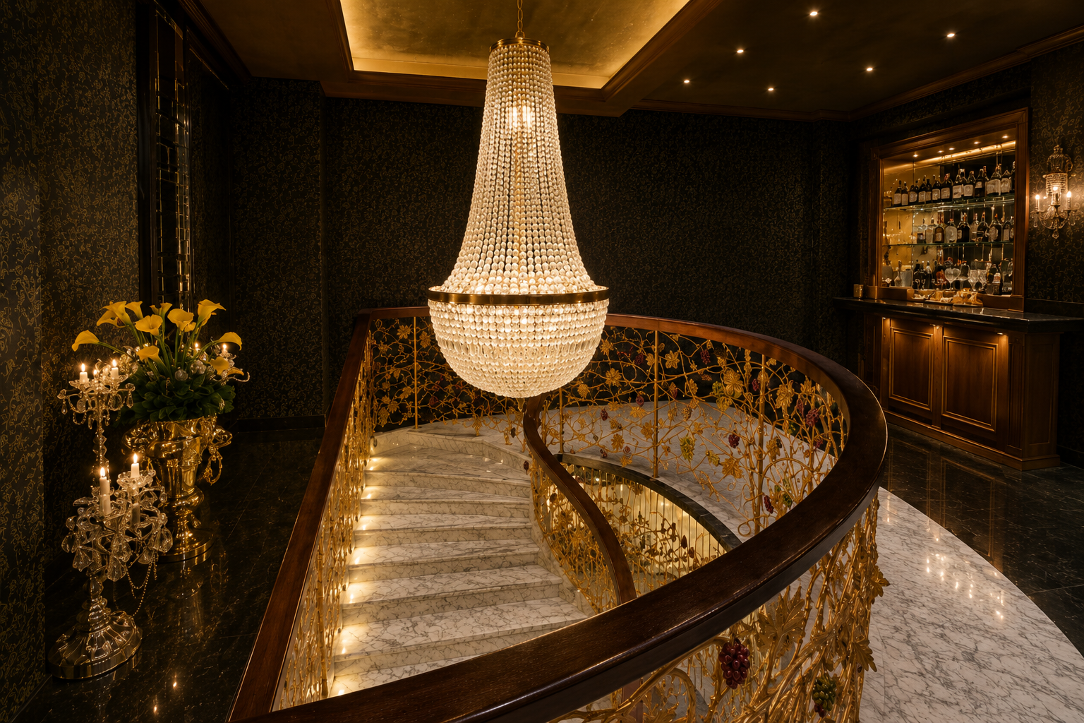 Handcrafted marble staircase designed, fabricated and installed by Coulon Stone