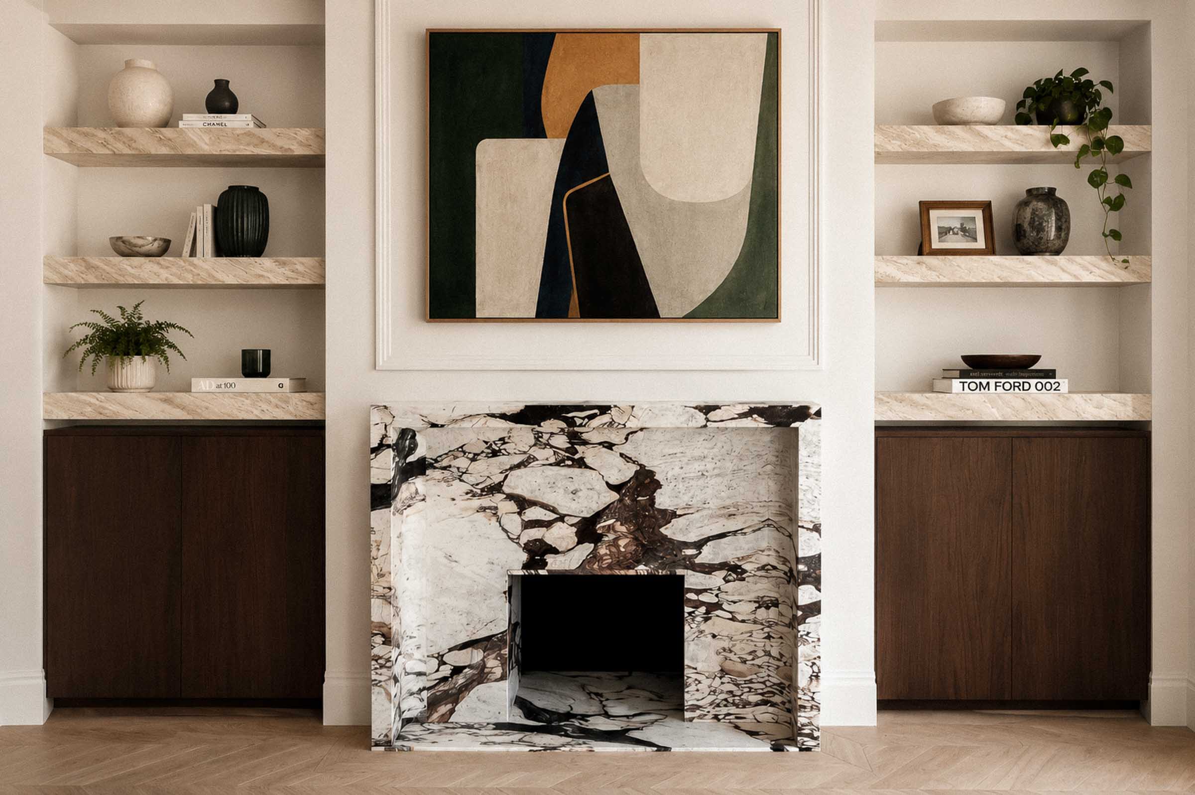 Bespoke marble stone fireplace custom designed and handcrafted by Coulon Stone