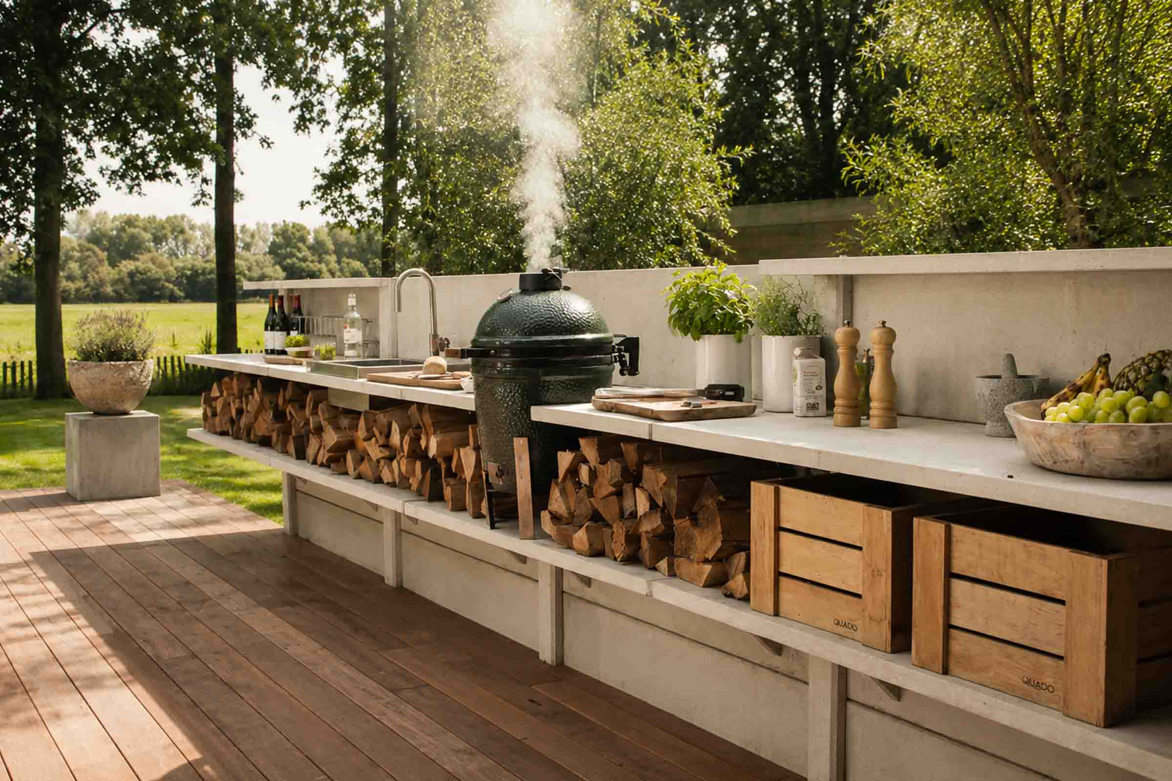 Bespoke natural stone outdoor kitchen with integrated barbecue, sink and preparation area for BBQ