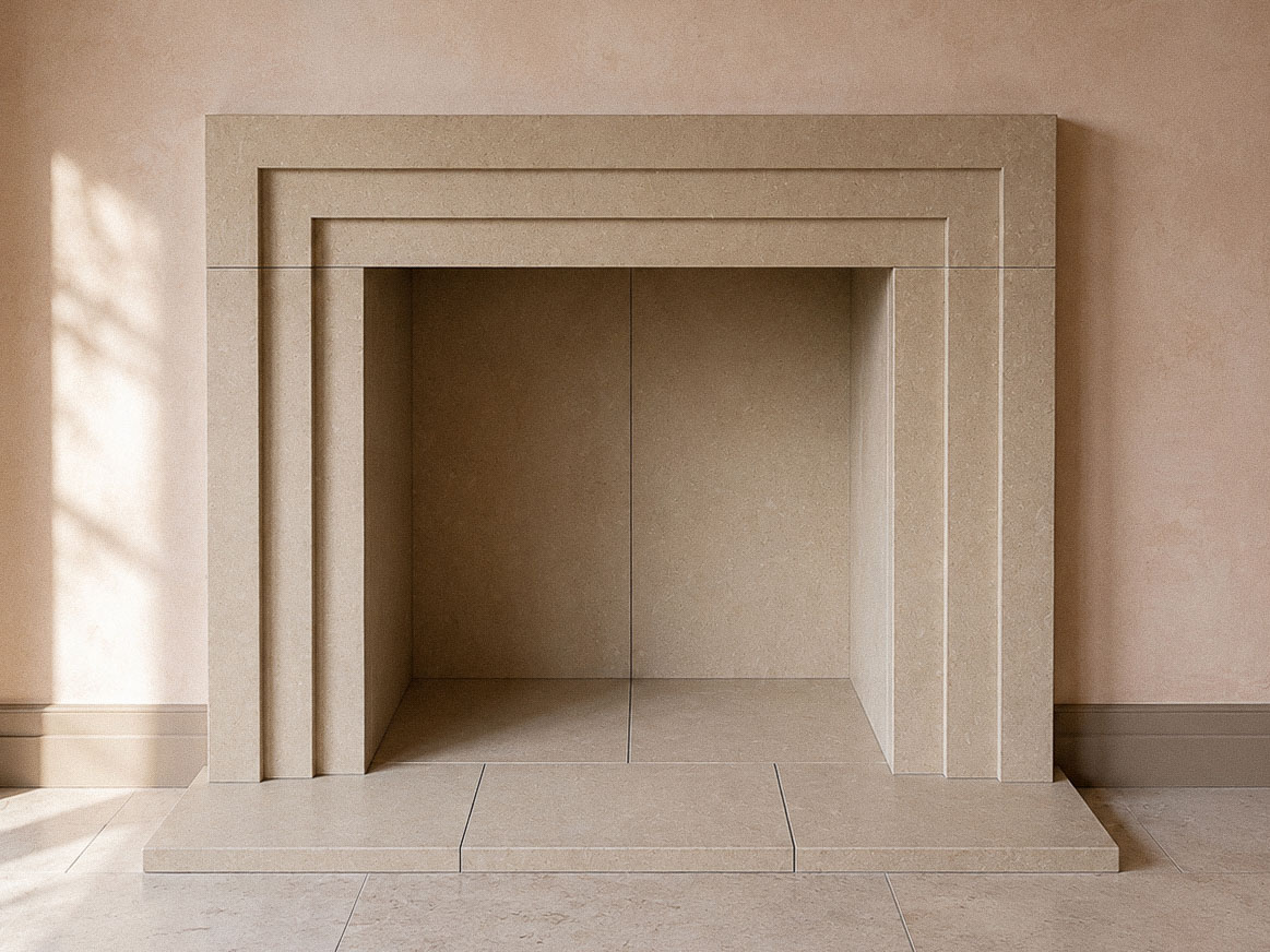 Bespoke natural stone fireplace custom designed and handcrafted by Coulon Stone