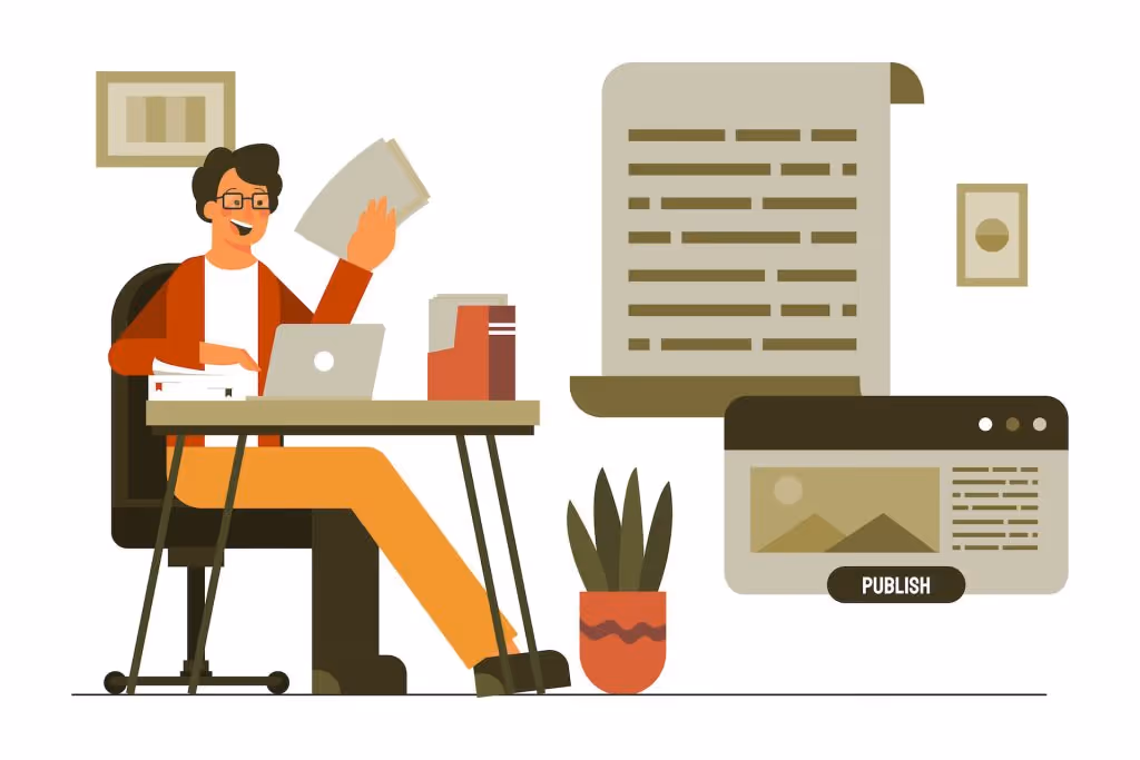 Graphic of man sitting at desk holding paper