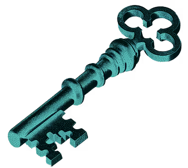Antique ornate metal key with a trefoil-shaped bow and detailed shaft against a black background.