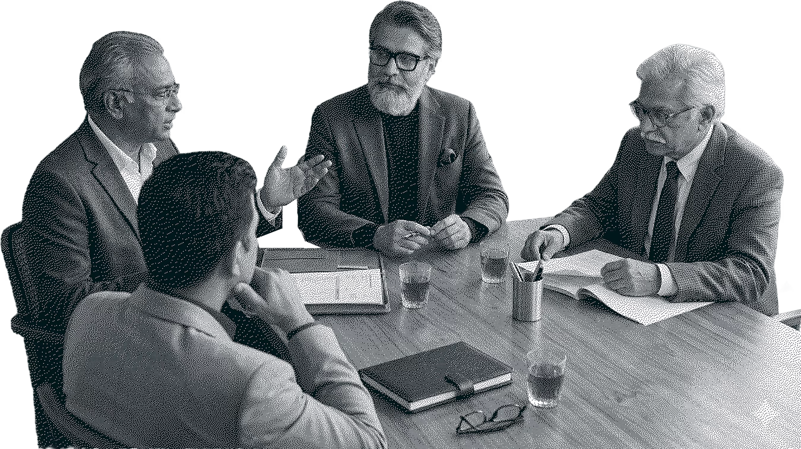 Four mature men in suits having a meeting around a table with notebooks and glasses of water.