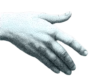 Pointillism style illustration of an outstretched hand with fingers slightly spread.
