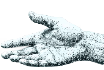 Black and white stippled drawing of an open right hand with fingers slightly apart.