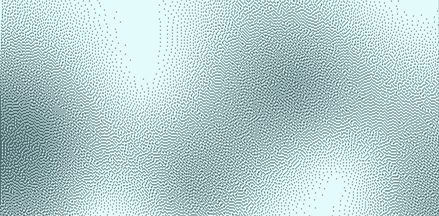 Abstract digital pattern of small black squares forming wavy textured clusters on a light blue background.