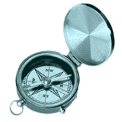 Silver metal compass with an open lid showing a traditional directional dial.