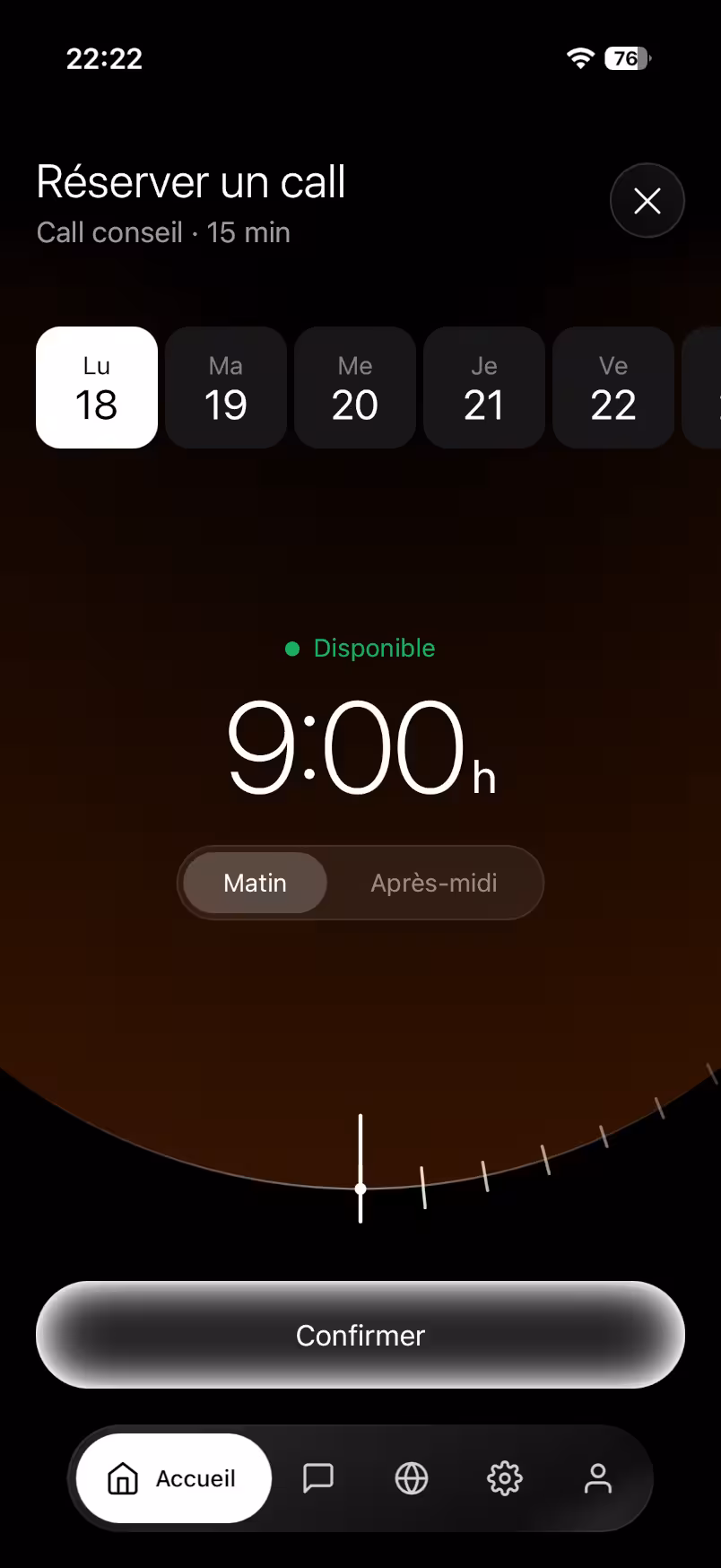 Interface pour réserver votre call