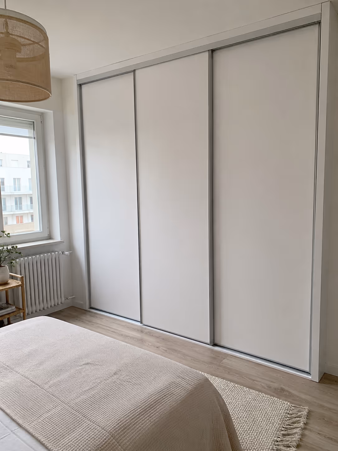 Szafa przesuwna minimalistyczna na wymiar Wrocław — biały mat, aluminiowa rama, sypialnia w bloku